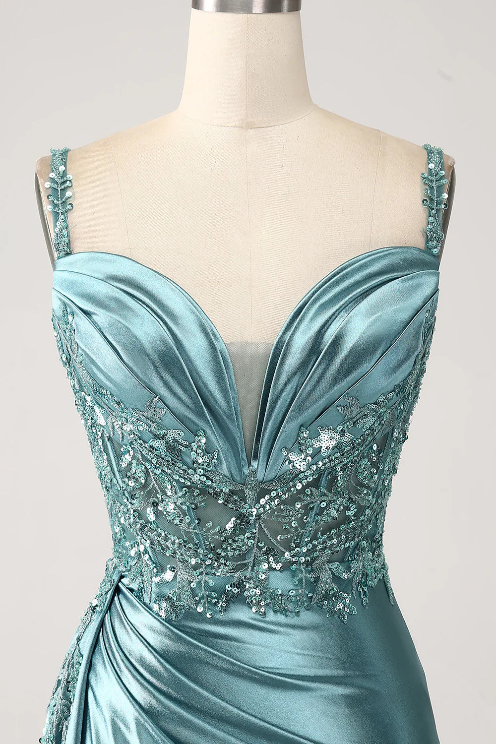 DingJiDress Blue Mermaid V-Neck Satin Long Appliques Sequin Prom Dress With Slit