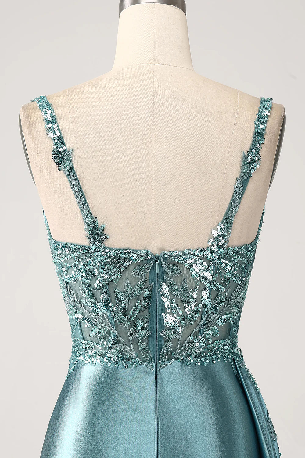 DingJiDress Blue Mermaid V-Neck Satin Long Appliques Sequin Prom Dress With Slit