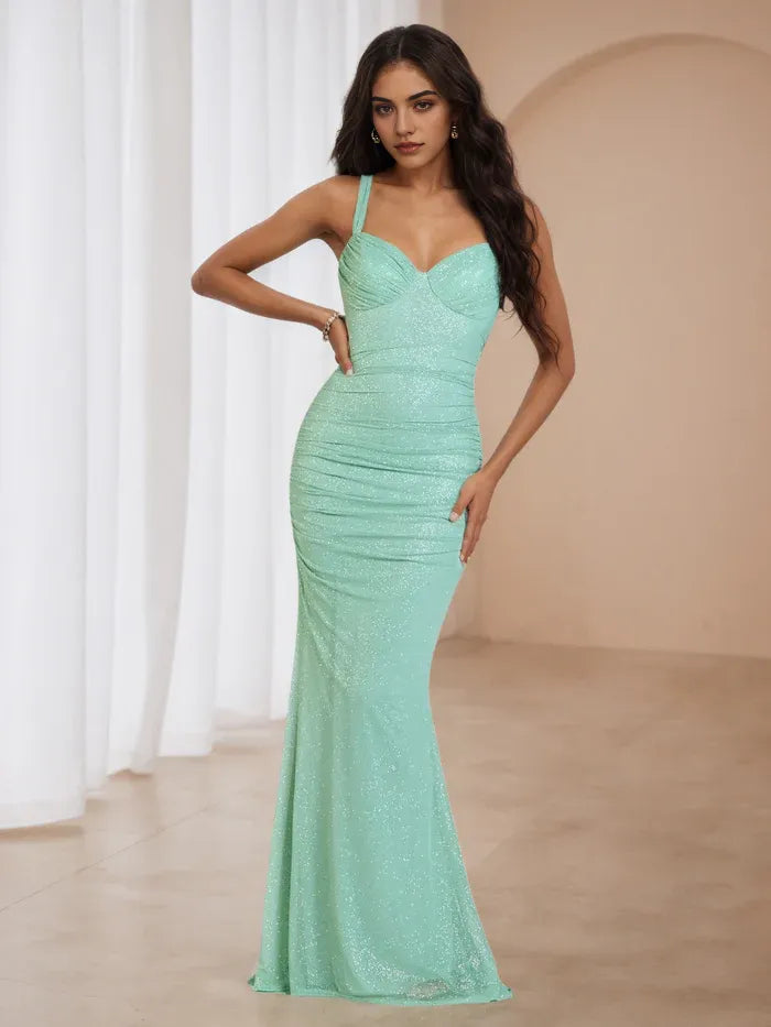 Elegant Mint Green Glitter Prom Gown One Shoulder Ruched  Mermaid Silhouette