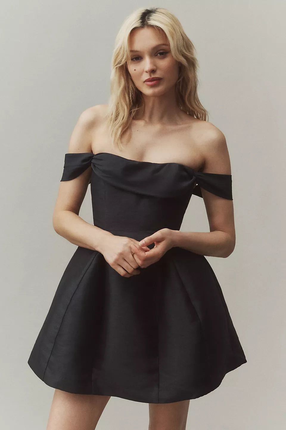 Elegant Light Blue Off -Homecoming Dresses with Bow Detailed Neckline and Flared Skirt Perfect for Stylish Back  to School Dances and Events