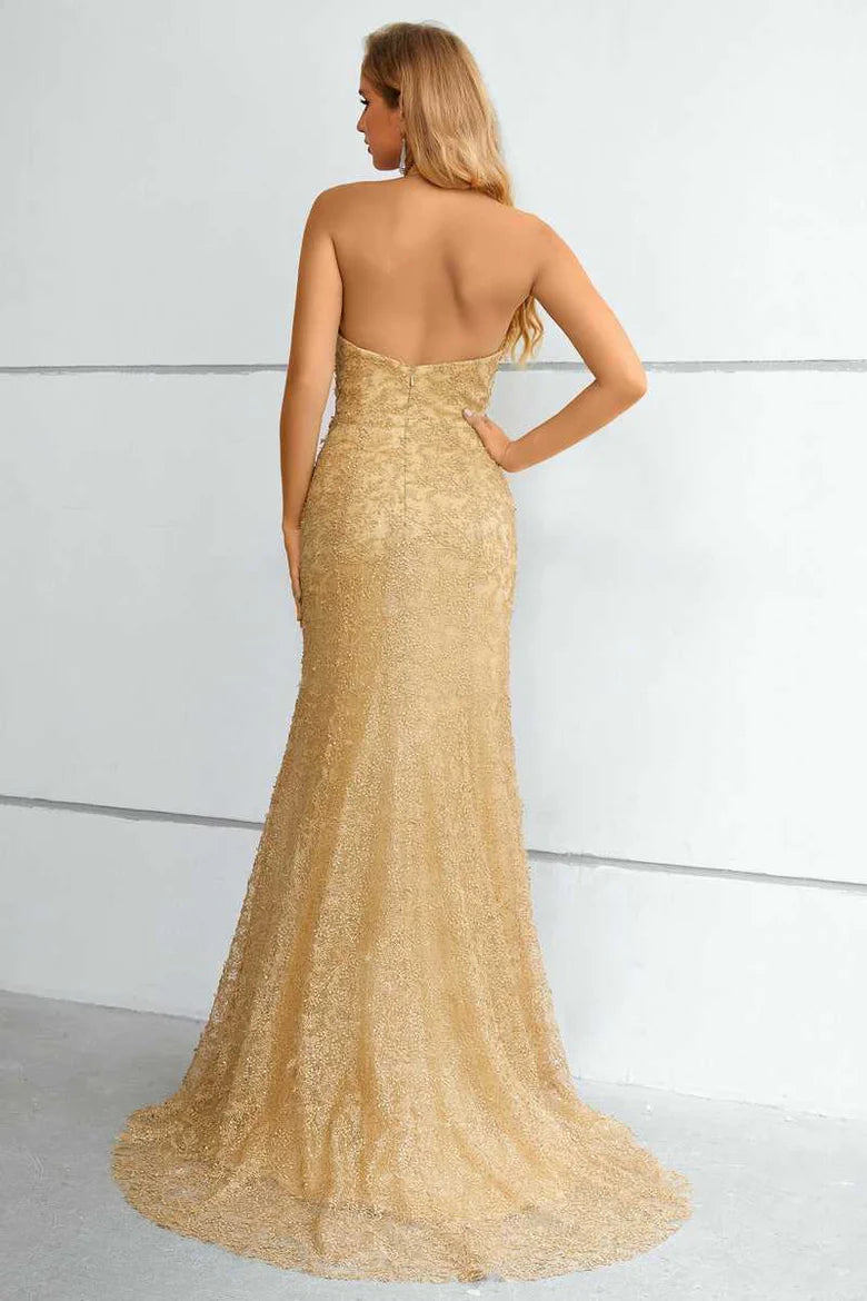 Fashionable Gold Mermaid Lace Halter Neck Sleeveless Backless Back Zip Floor-Length Long Prom Dresses