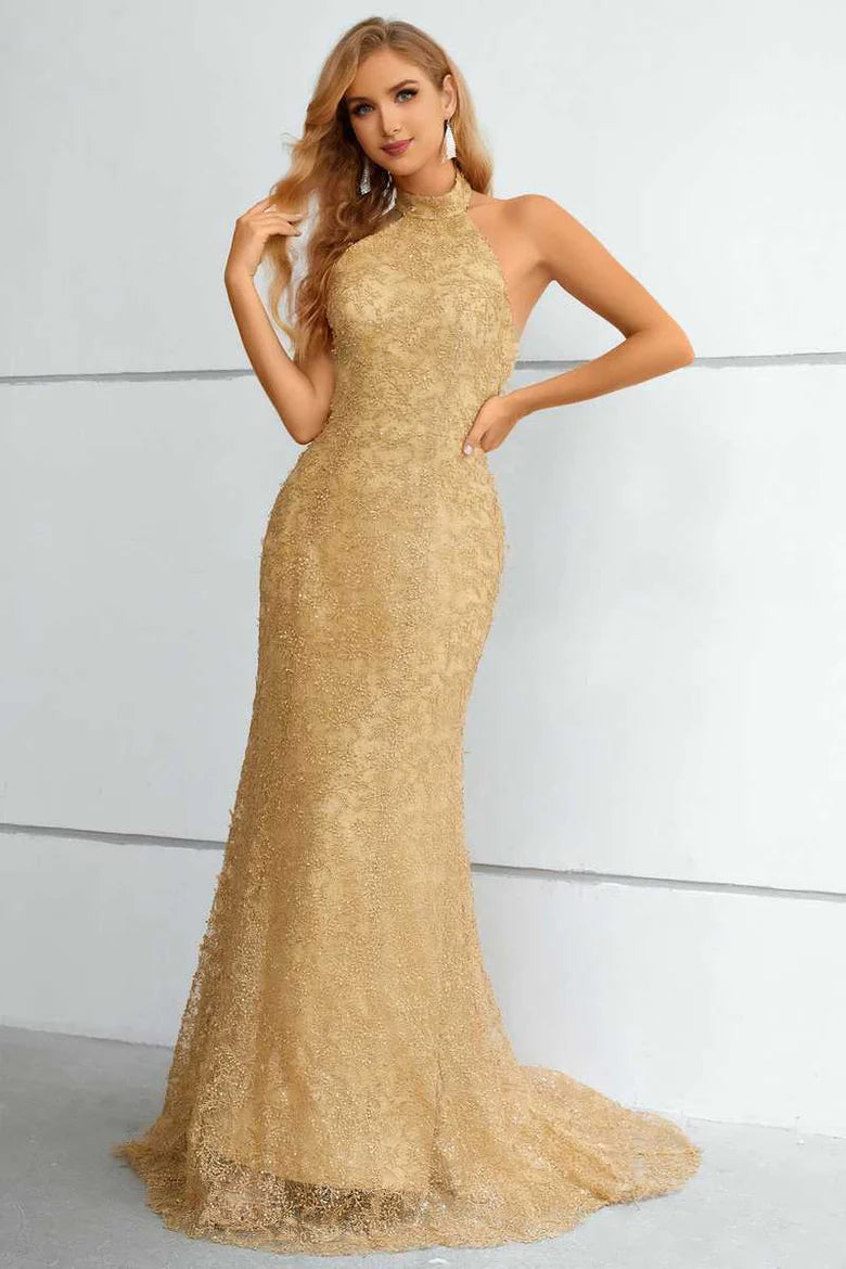 Fashionable Gold Mermaid Lace Halter Neck Sleeveless Backless Back Zip Floor-Length Long Prom Dresses