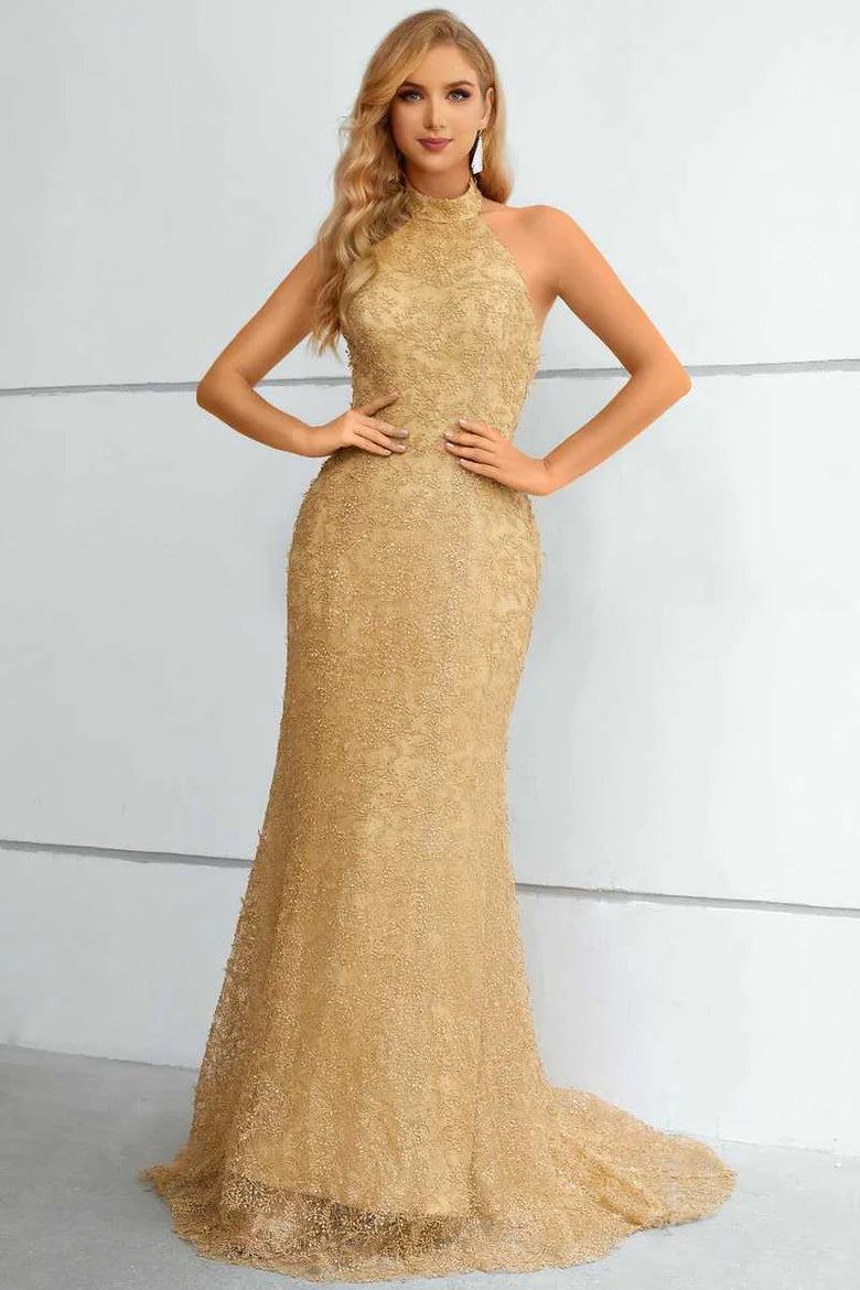 Fashionable Gold Mermaid Lace Halter Neck Sleeveless Backless Back Zip Floor-Length Long Prom Dresses