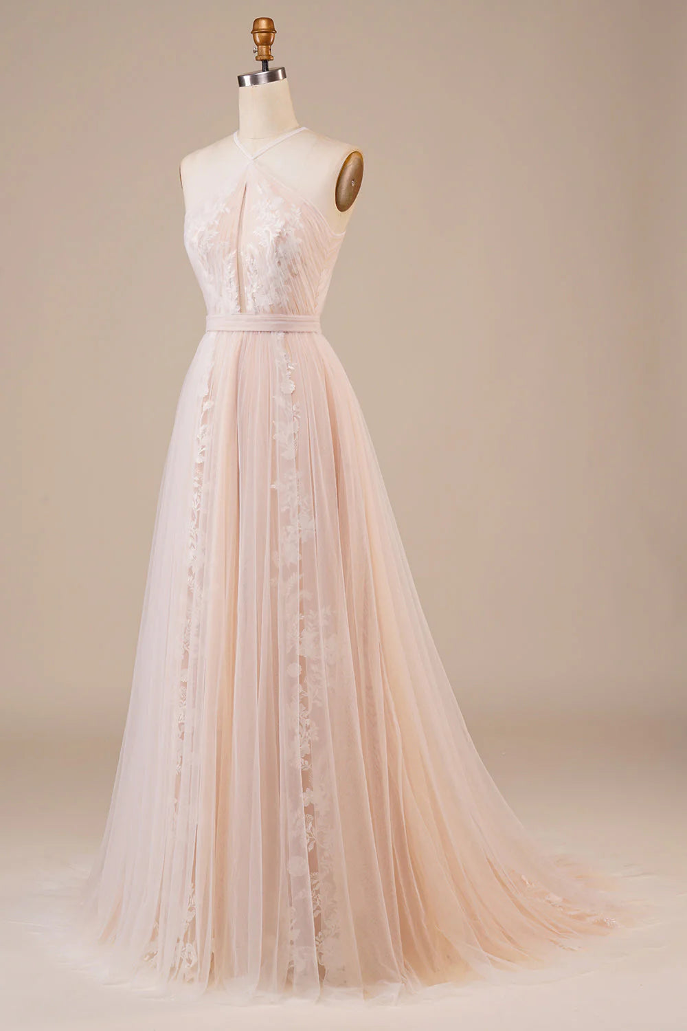 Keyhole Champagne Wedding Dress with Appliques