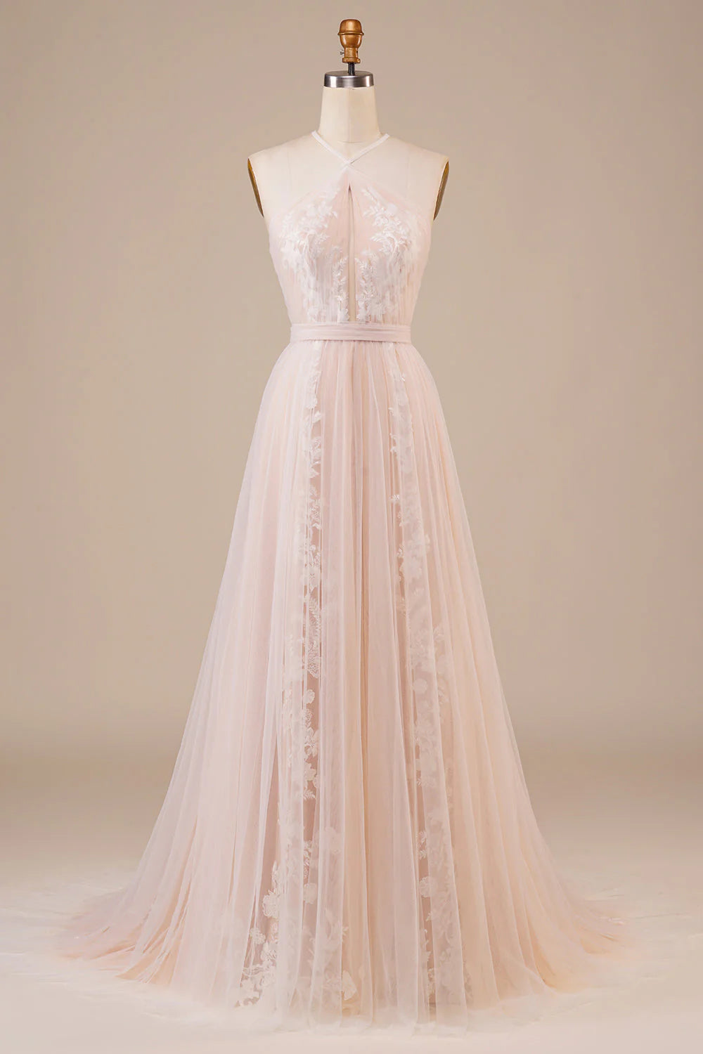 Keyhole Champagne Wedding Dress with Appliques