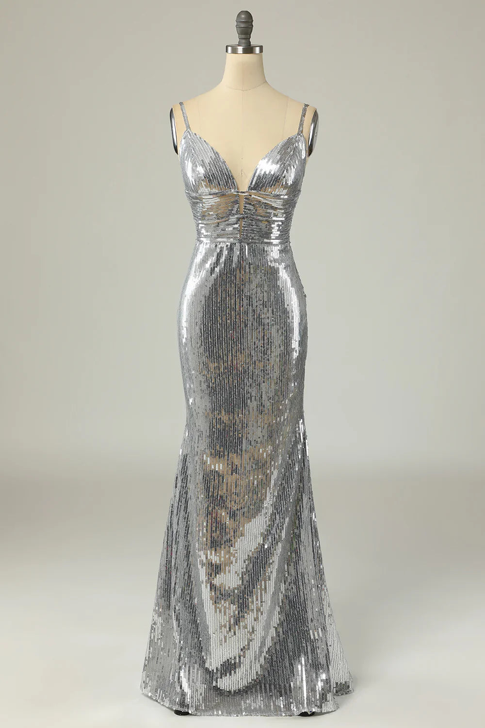 DingJiDress Mermaid Spaghetti Straps Silver Sequins Long Prom Dress Backless
