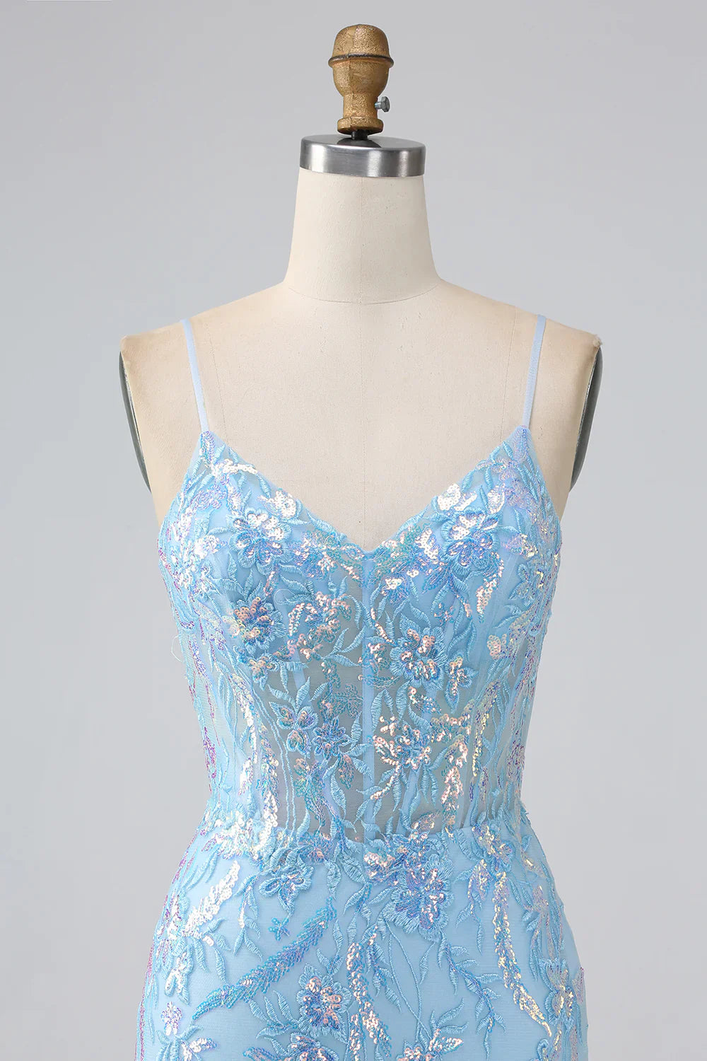 DingJiDress Sparkly Light Blue Mermaid Spaghetti Straps Long Prom Dress With Beading