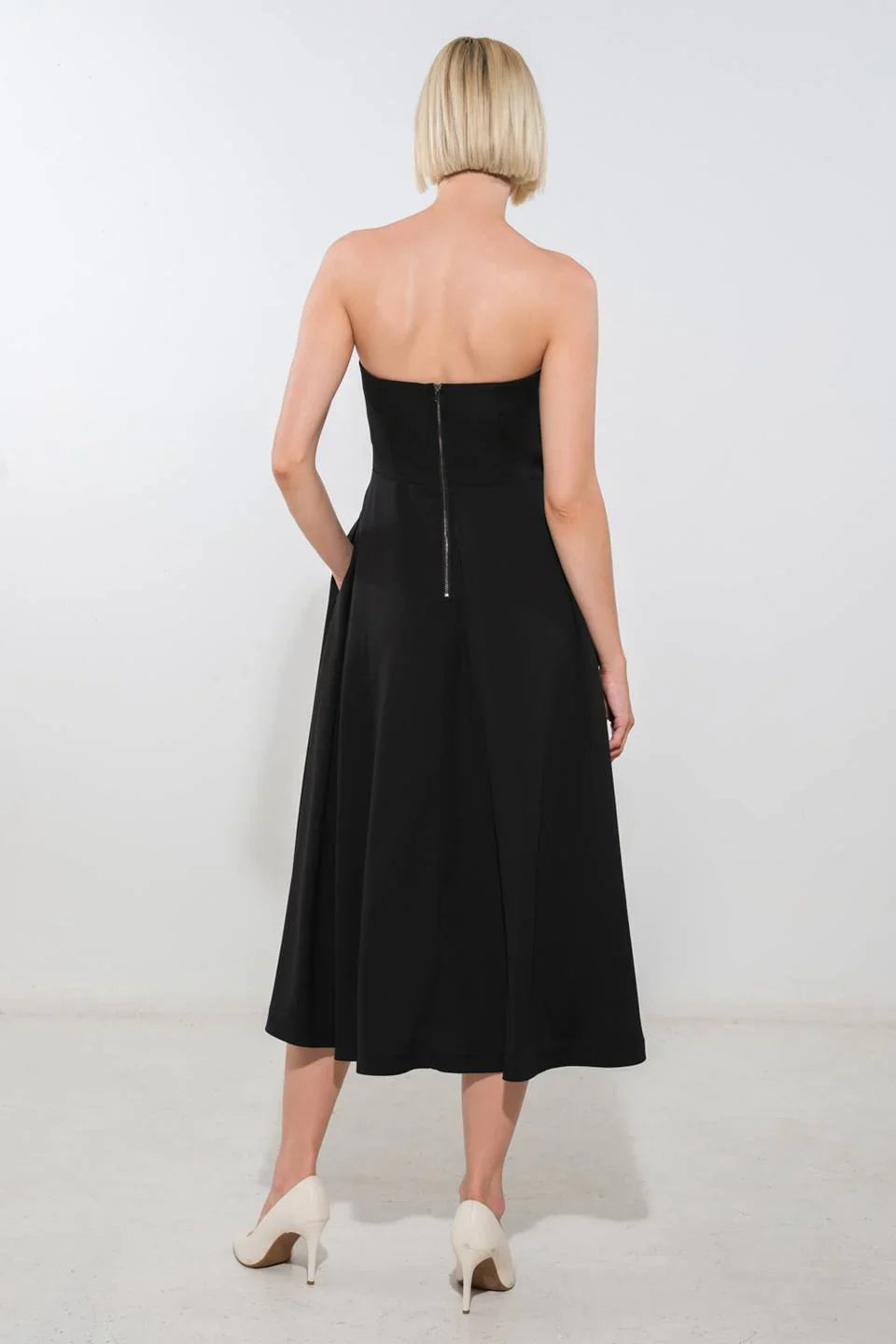 DingJiDress New Pattern Wedding Guest Dress Strapless Center Rosette Full Skirt Back Zipper Closure Backless Black Formal Dress Evening Dress