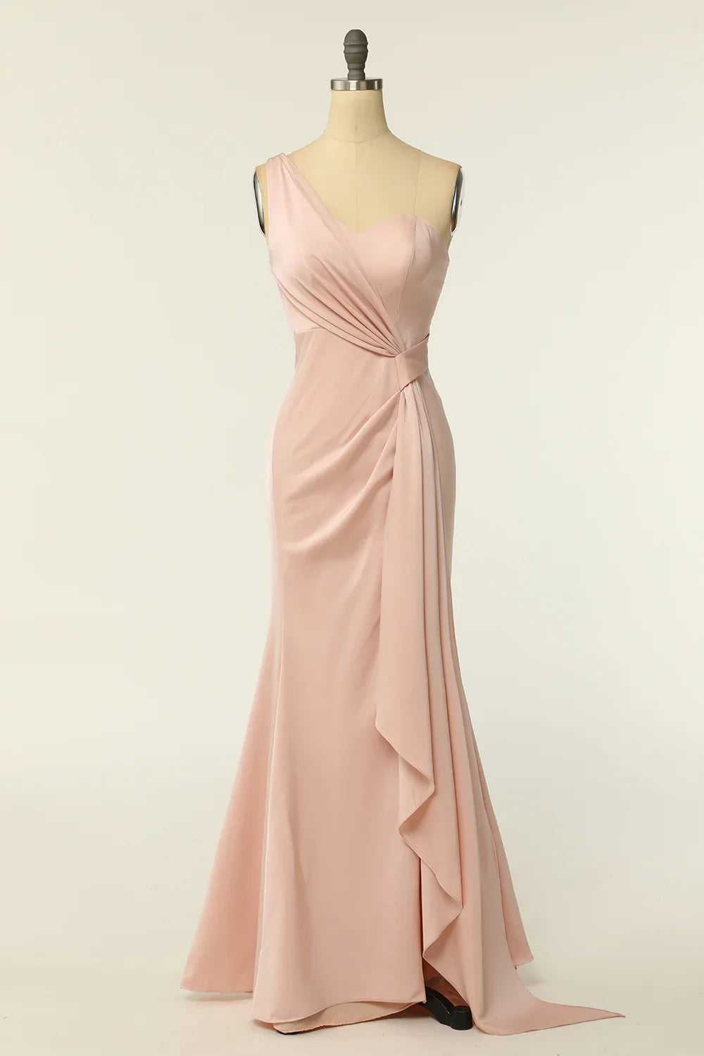 DingJiDress Mermaid One Shoulder Blush Long Bridesmaid Dress with Ruffles
