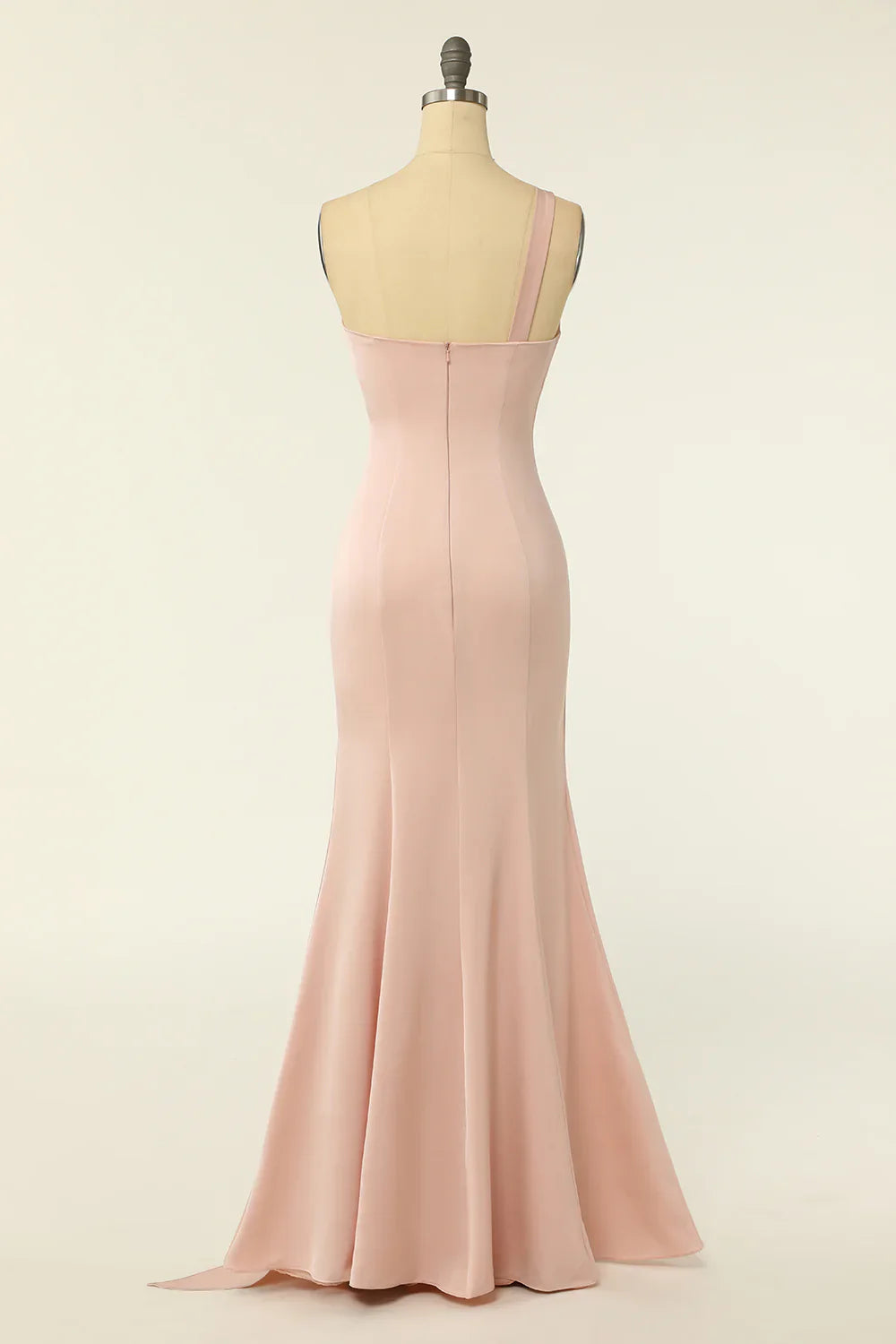 DingJiDress Mermaid One Shoulder Blush Long Bridesmaid Dress with Ruffles
