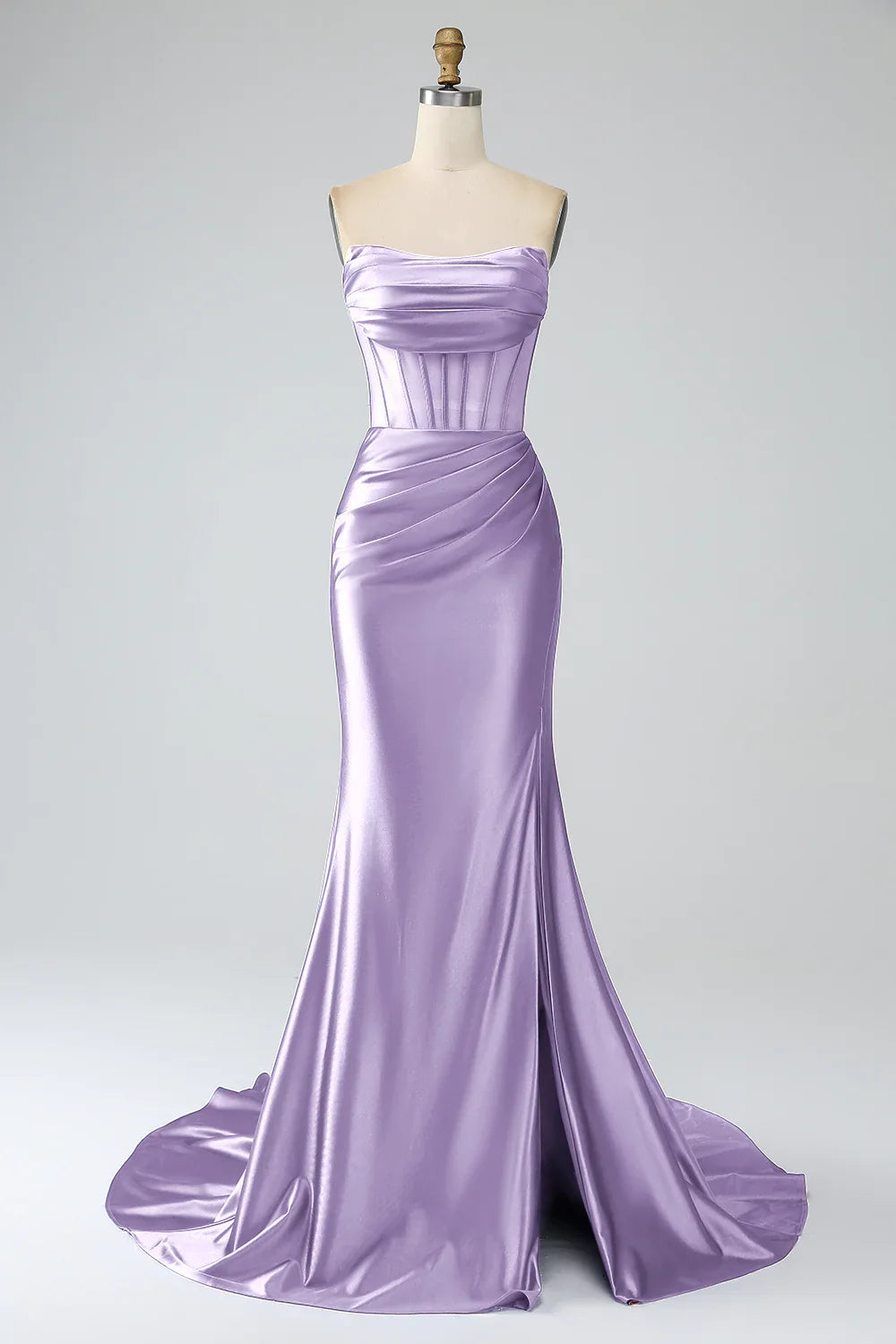 DingJiDress Red Mermaid Strapless Pleated Corset Long Prom Dress with Slit
