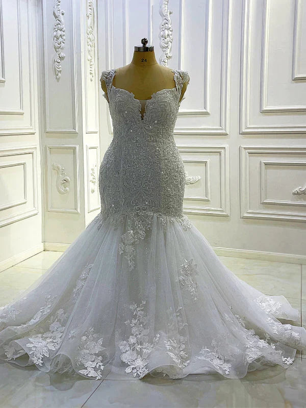 DingJiDress Straps V Neck Applique Mermaid Wedding Dresses