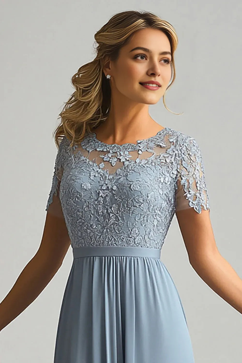 Lace A Line Dusty Blue Chiffon Round Neck Short Sleeves Mother of The Bride Dress