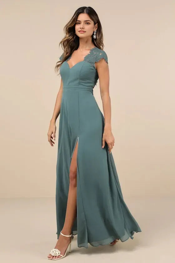 Lace Accented Dark Sage Green Chiffon Prom Dress Sweetheart Neck Cap Sleeves and High Side Slit for Glamorous Prom Nights