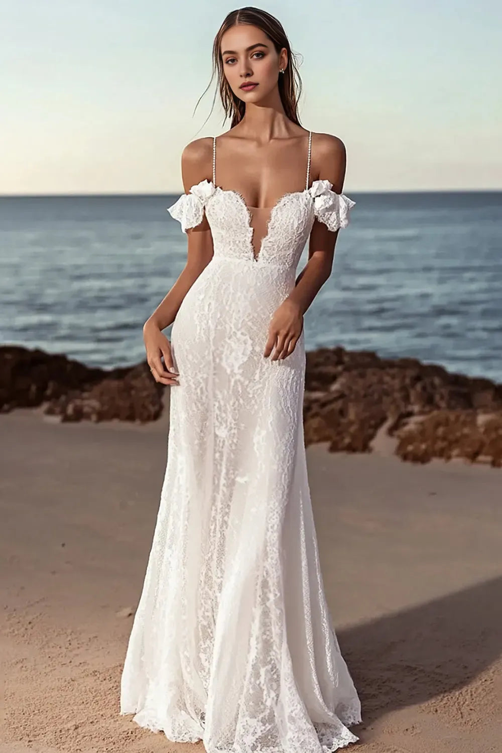 Lace Off the Shoulder Mermaid Long Wedding Dress ﻿