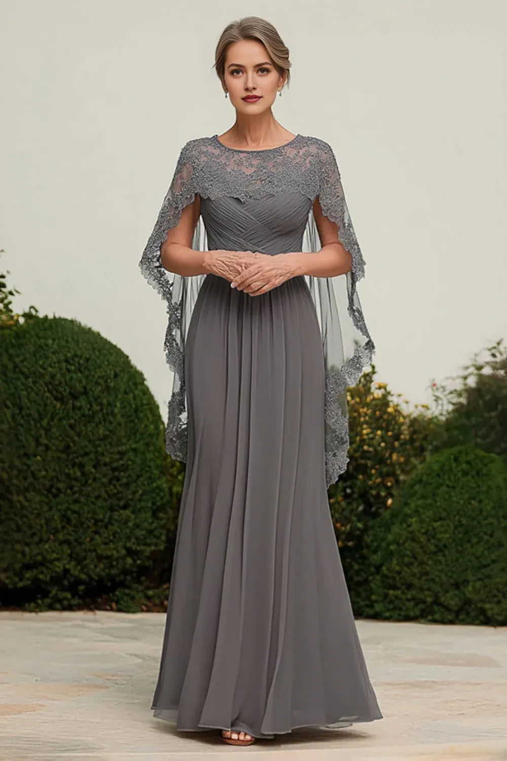 Lace Pleated Sheath Grey Round Neck Mother of the Bride Dress