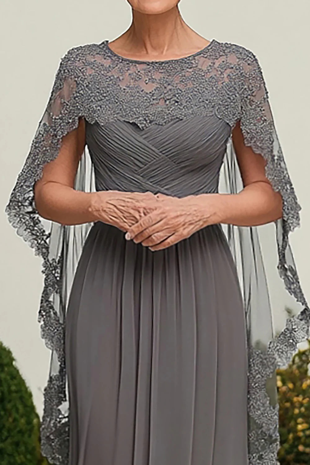 Lace Pleated Sheath Grey Round Neck Mother of the Bride Dress