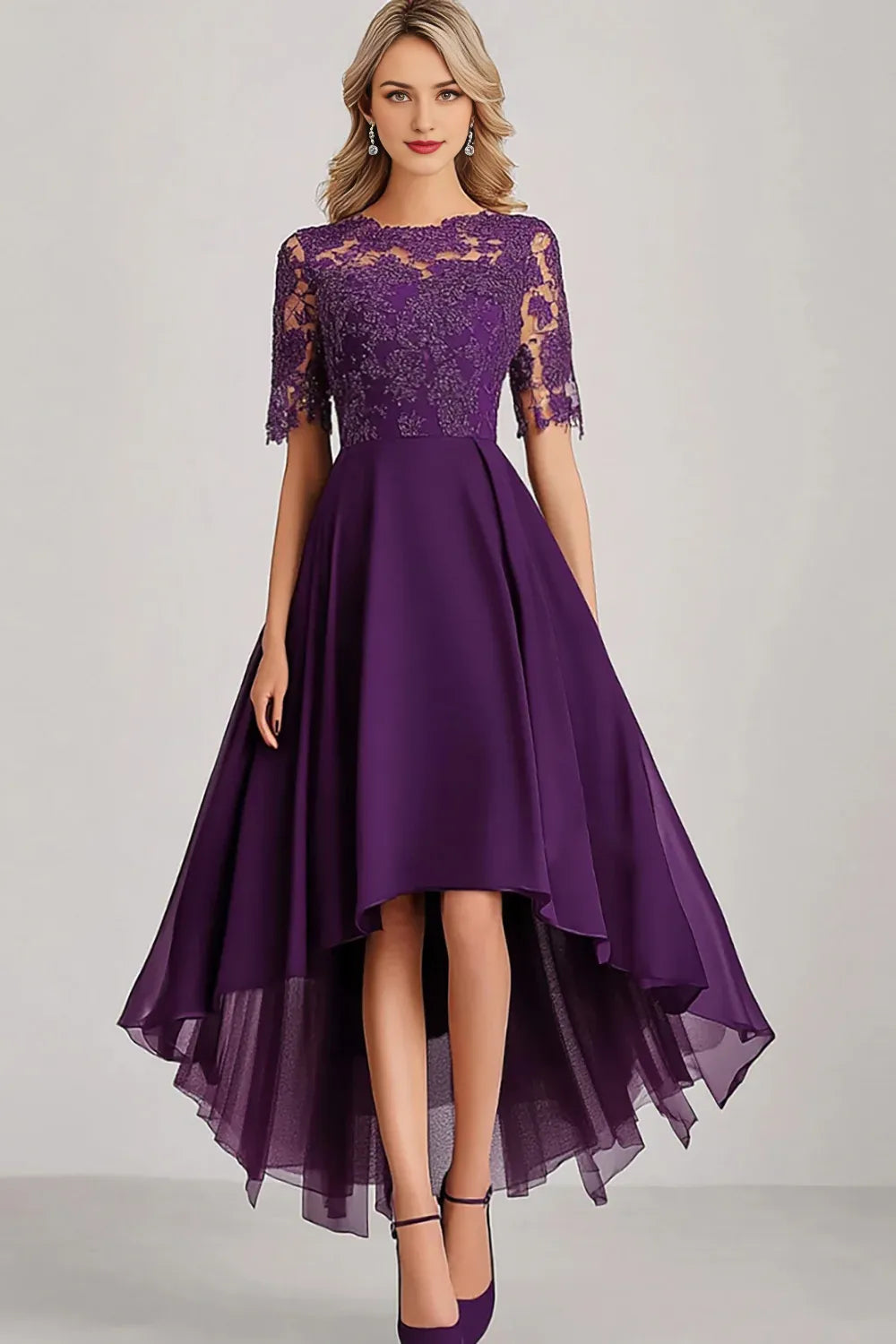 Lace Plum A Line Asymmetrical High-Low Mother of the Bride Dress