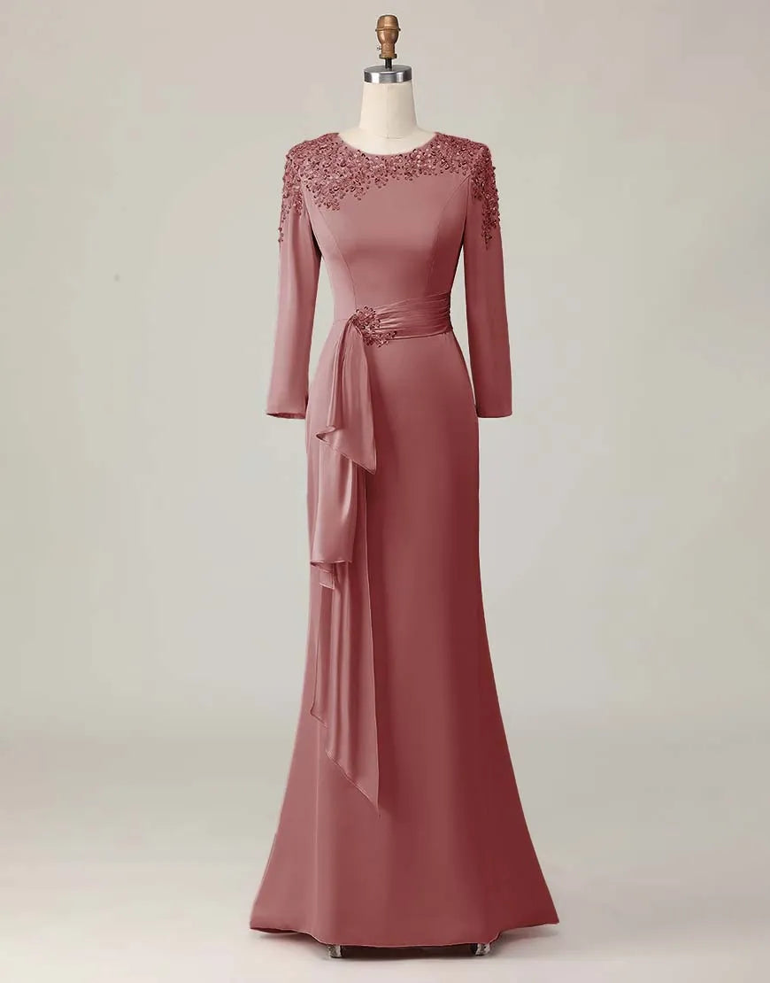 Lace Sheath Blush Mother Of The Bride Dress with Long Sleeves