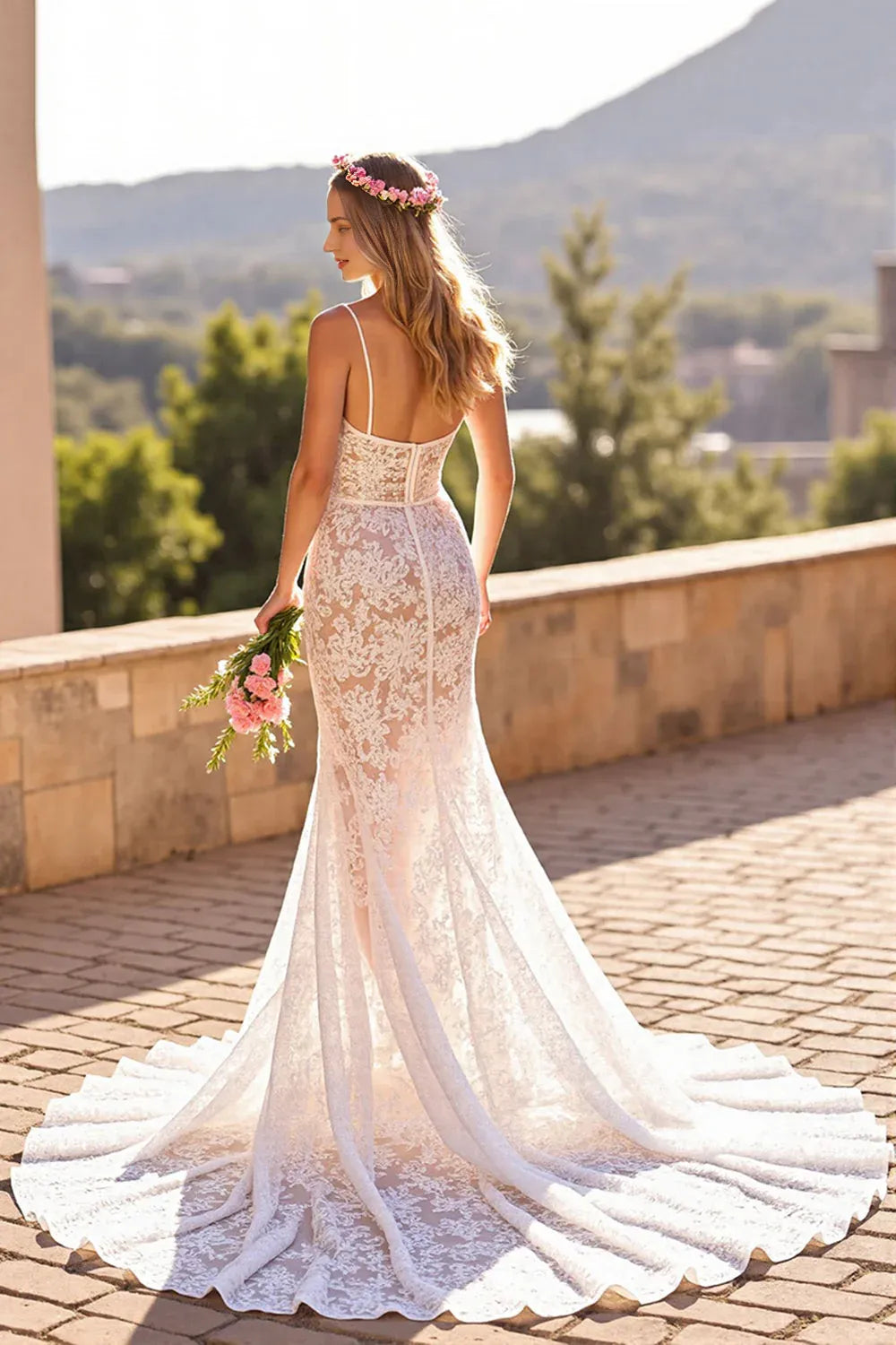 Lace Spaghetti Straps Sweep Train Mermaid Wedding Dress