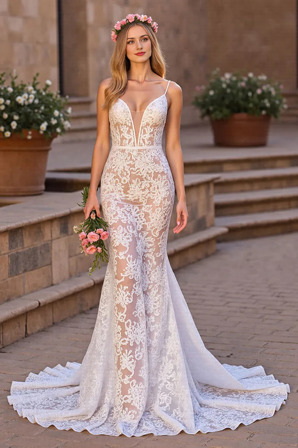 Lace Spaghetti Straps Sweep Train Mermaid Wedding Dress