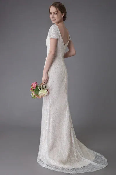 Lace Wedding Dress Vanilla Cream Sweetheart Short Sleeve Bridal Dress Mermaid Bridal Gown