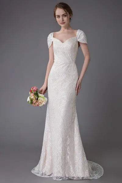 Lace Wedding Dress Vanilla Cream Sweetheart Short Sleeve Bridal Dress Mermaid Bridal Gown