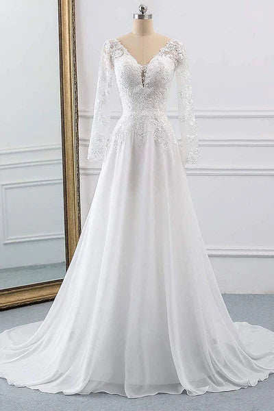 Lace Wedding Dresses Chiffon Chic V-Neck A-line Long Sleeve Lace Applique Beach Wedding Bridal Dress With Train