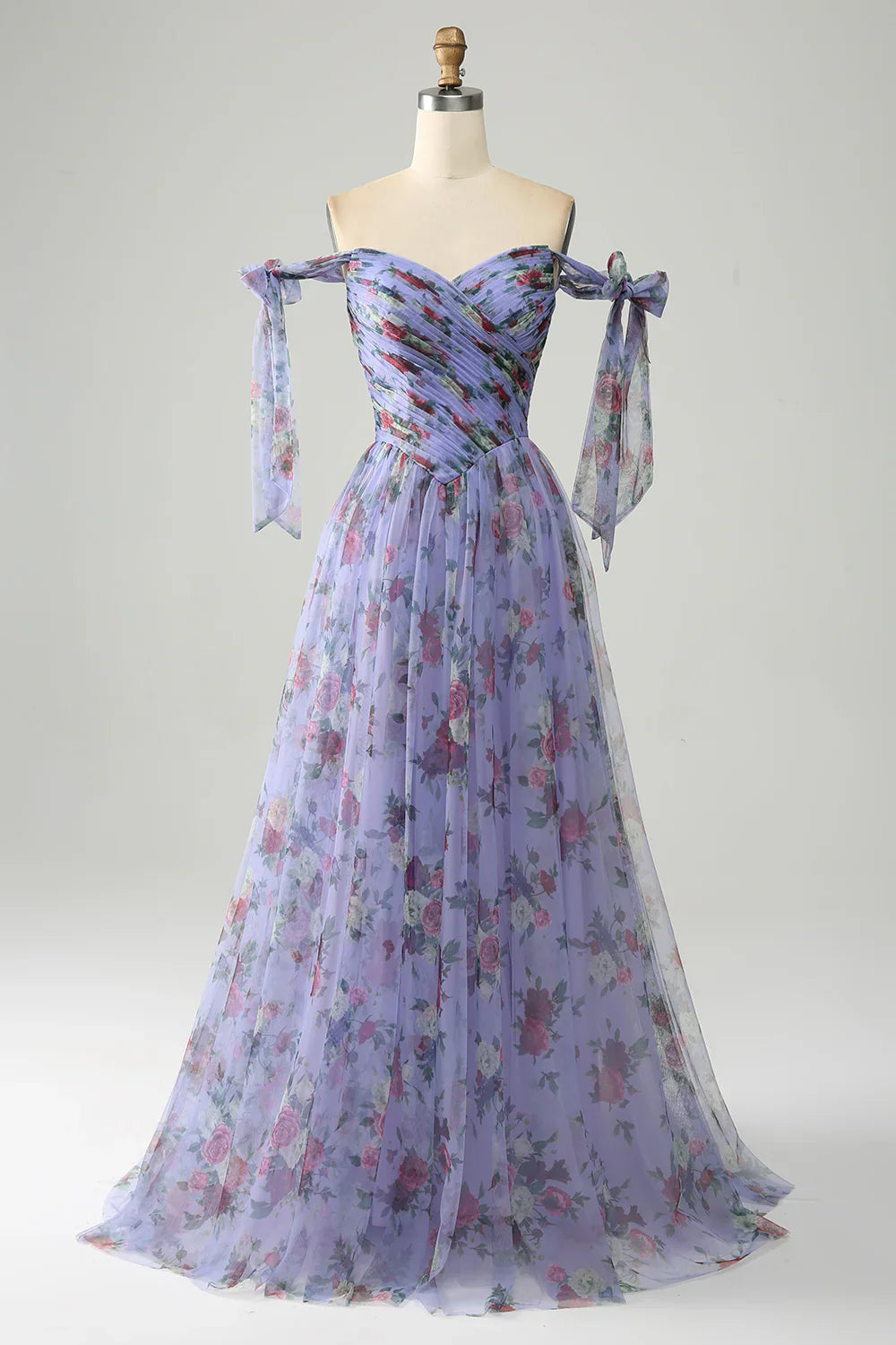 DingJiDress A-Line Lavender Printed Adjustable Straps Long Prom Dress