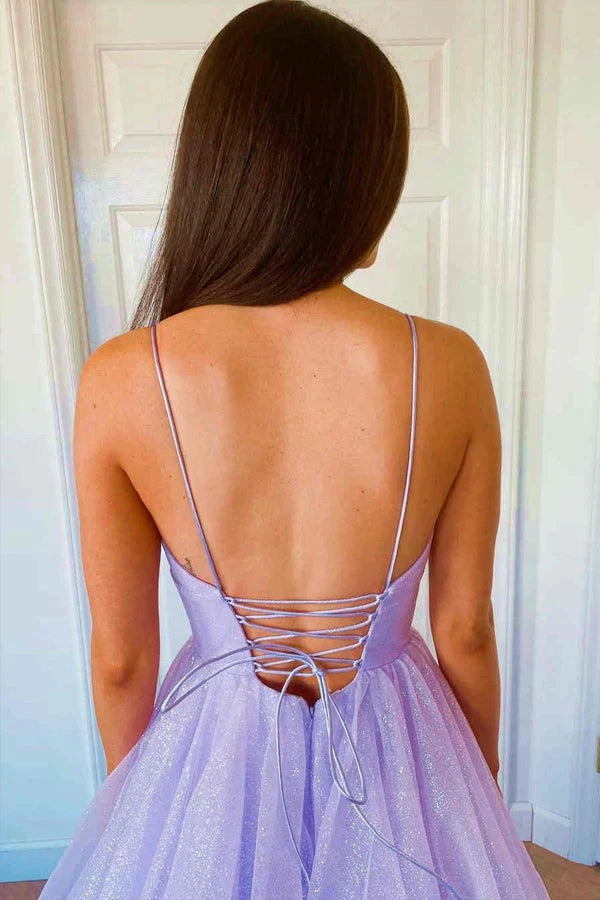 DingJiDress Floor Length V Neck Tulle A Line Prom Dresses With Sequin