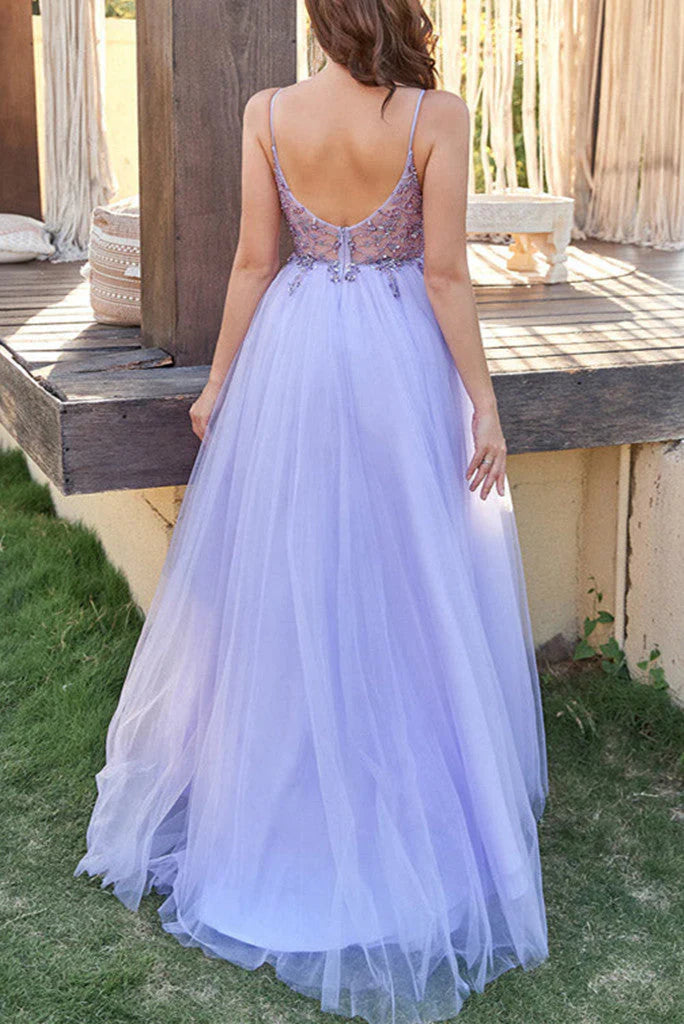 DingJiDress Sexy Spaghetti Straps Tulle V Neck Long Beaded Sleeveless Prom Dresses