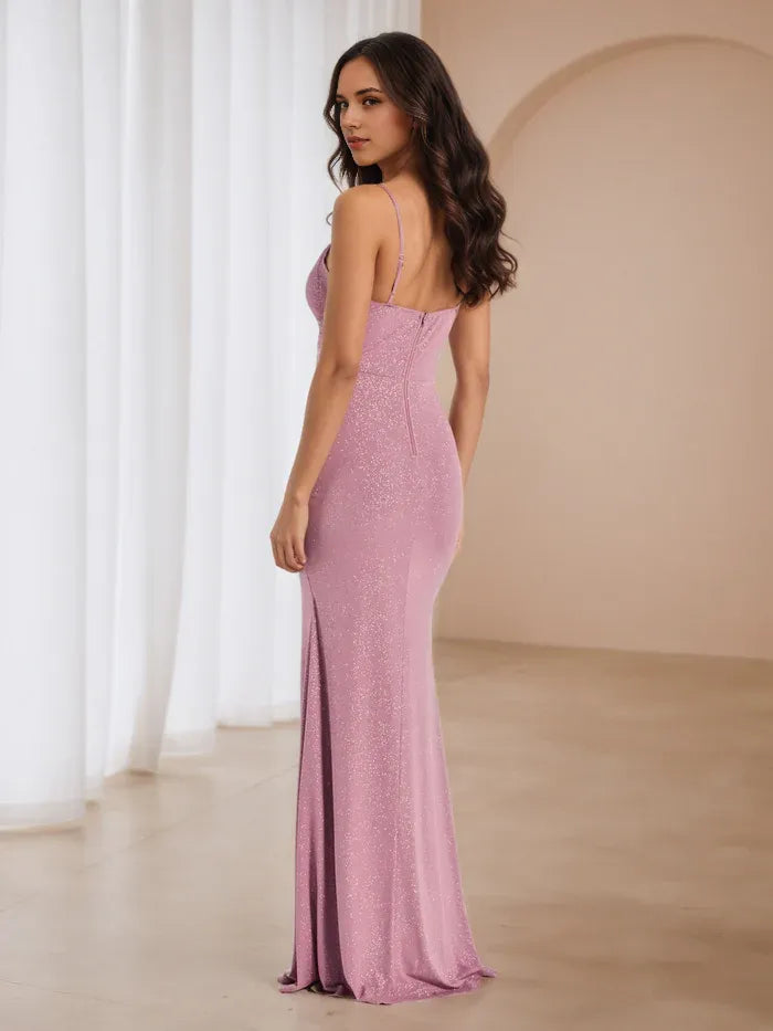 Lavender Glitter Evening Mermaid Gown Plunge V - Neck Spaghetti Straps Luxe Sparkle for Timeless Allure