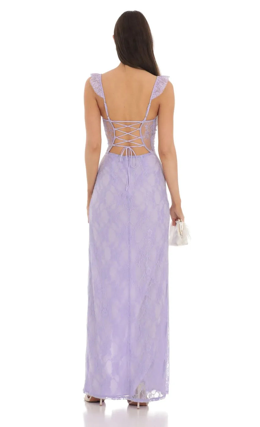 Lavender Lace Prom Dress with Square Neckline Ruffled Cap Sleeves Bow  Front Detail and High Slit  Perfect for Formal Galas