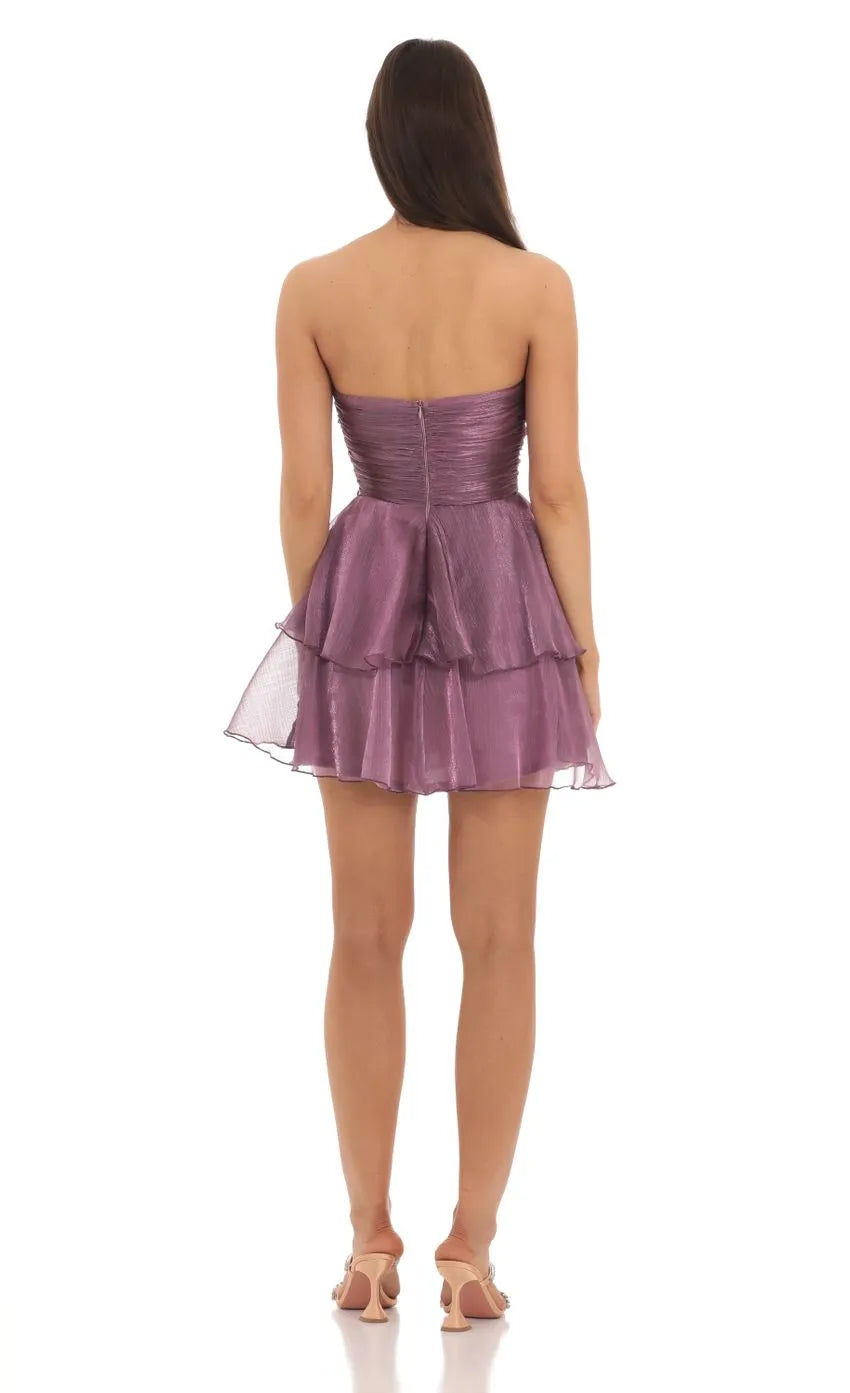 Lavender Organza Strapless Homecoming Dress Tiered Ruffle Skirt Ruched Bodice Perfect for Enchanting School Dances Fairytale Reunion Memories