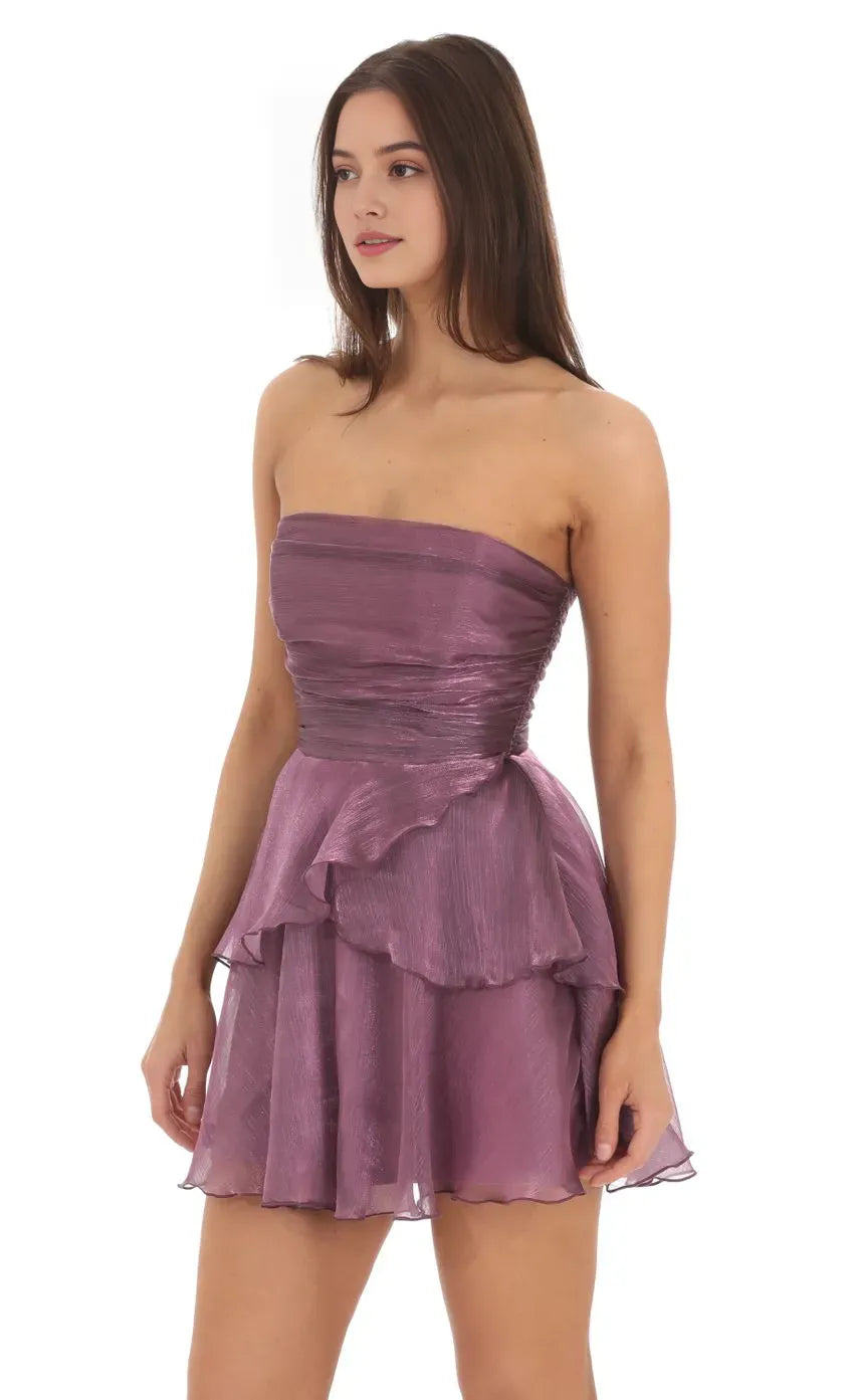 Lavender Organza Strapless Homecoming Dress Tiered Ruffle Skirt Ruched Bodice Perfect for Enchanting School Dances Fairytale Reunion Memories