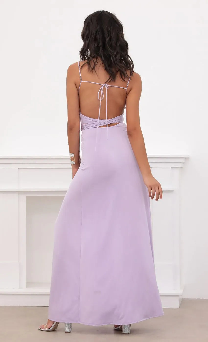 Lavender Prom Dress Spaghetti Straps V - Neckline Waist - Tie and High  Leg Double Slits  Crafted for Fashion Forward Formal Occasions
