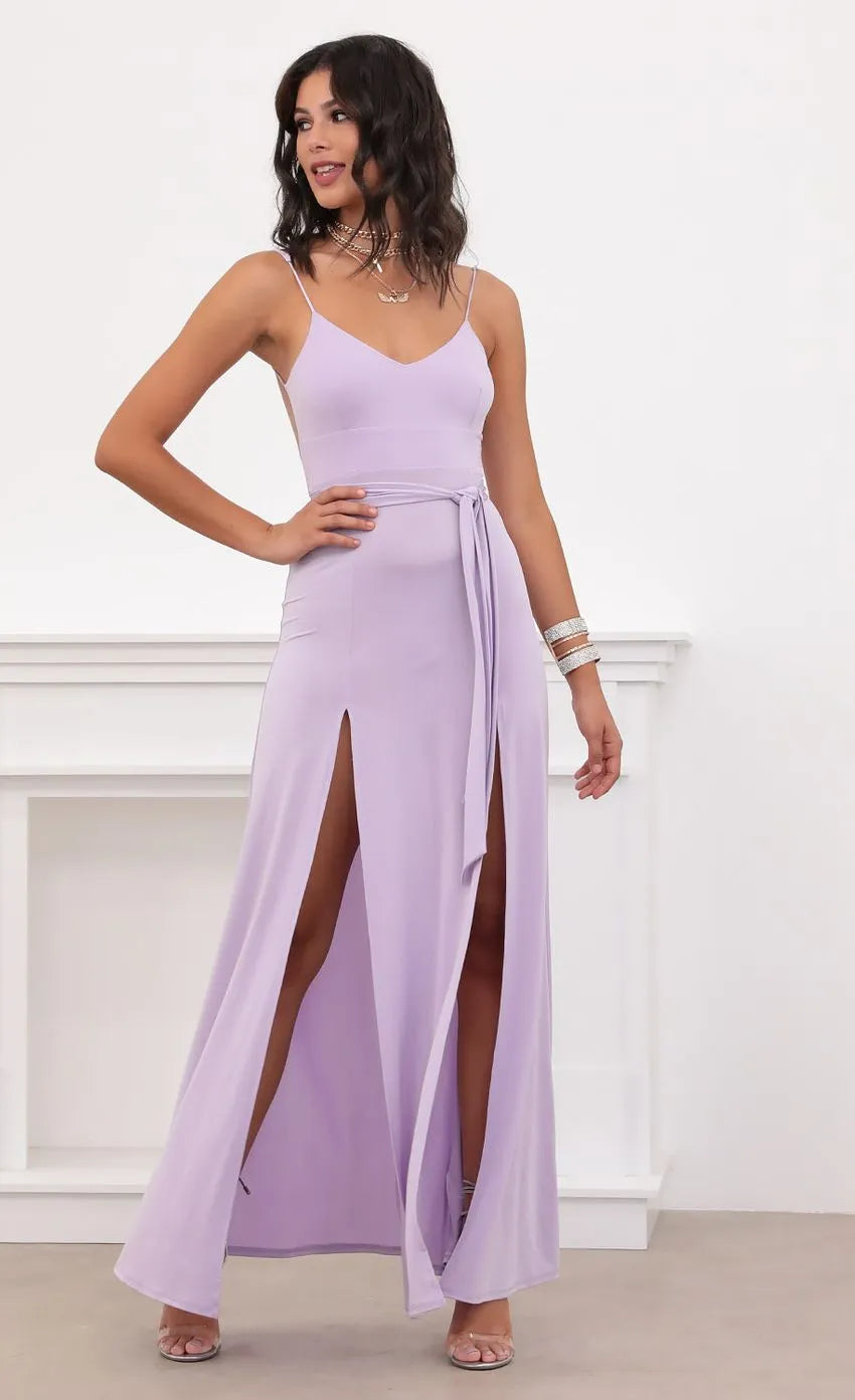 Lavender Prom Dress Spaghetti Straps V - Neckline Waist - Tie and High  Leg Double Slits  Crafted for Fashion Forward Formal Occasions