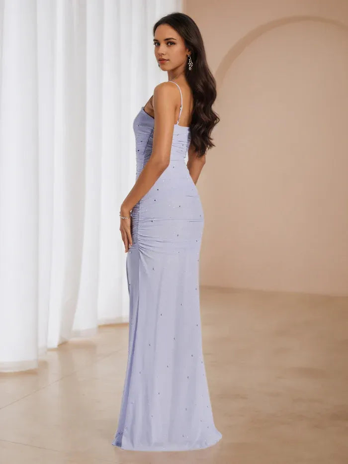 Lavender Ruched Prom Dress Square Neckline Spaghetti Straps Side Slit for Dreamy Gala Nights