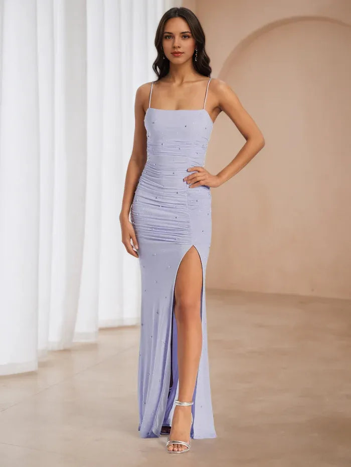 Lavender Ruched Prom Dress Square Neckline Spaghetti Straps Side Slit for Dreamy Gala Nights