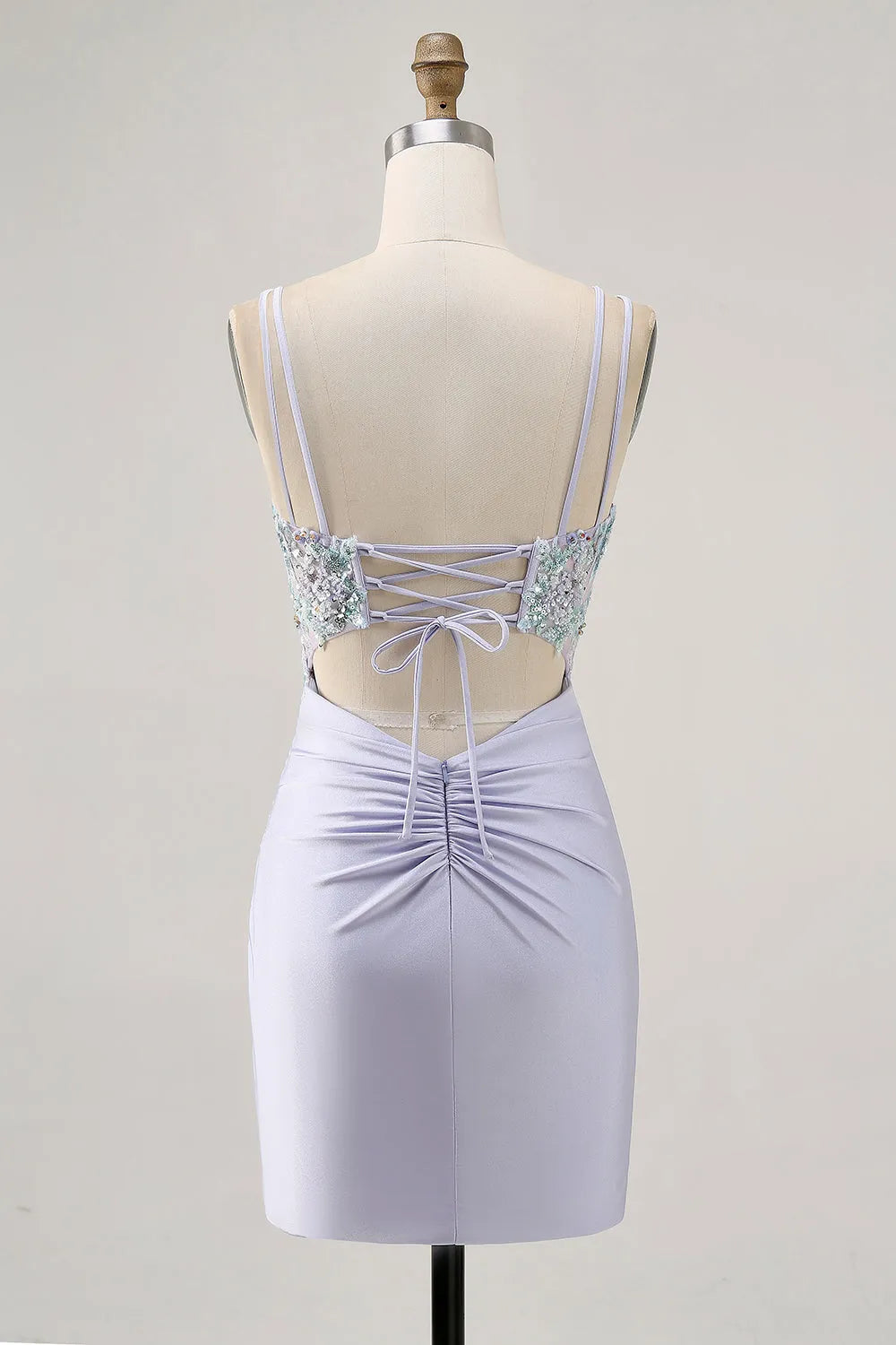 Lavender Satin Floral Corset Short Homecoming Dress with Lace