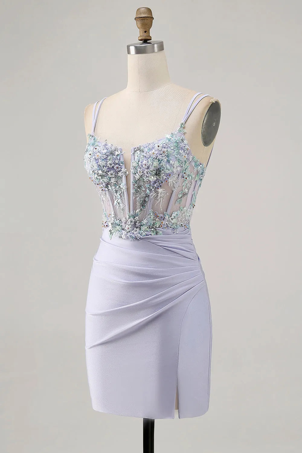 Lavender Satin Floral Corset Short Homecoming Dress with Lace
