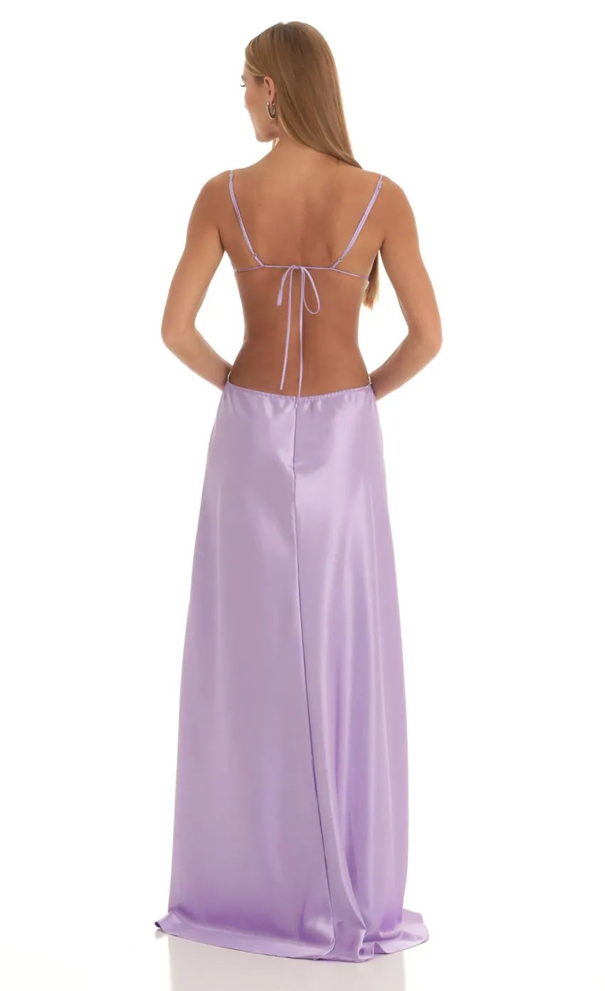 Lavender Satin Prom Dresses with Spaghetti Straps Cowl Neckline and Side Cutouts Elegant Floor Length Evening Dress for Formal
