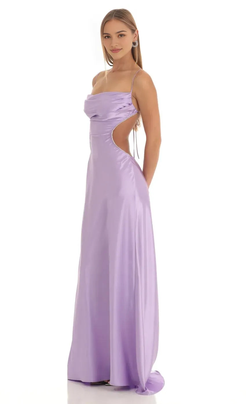 Lavender Satin Prom Dresses with Spaghetti Straps Cowl Neckline and Side Cutouts Elegant Floor Length Evening Dress for Formal