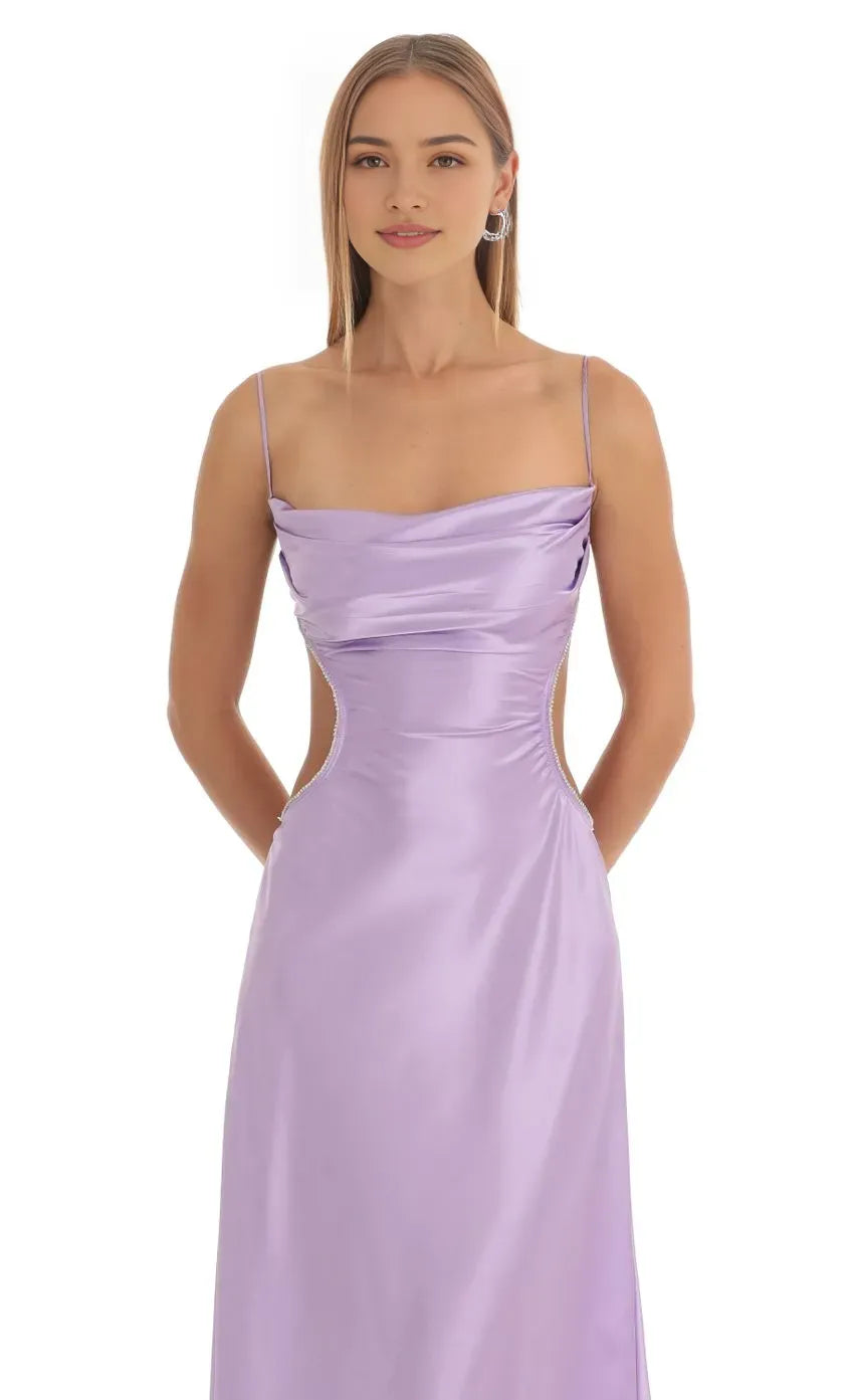 Lavender Satin Prom Dresses with Spaghetti Straps Cowl Neckline and Side Cutouts Elegant Floor Length Evening Dress for Formal