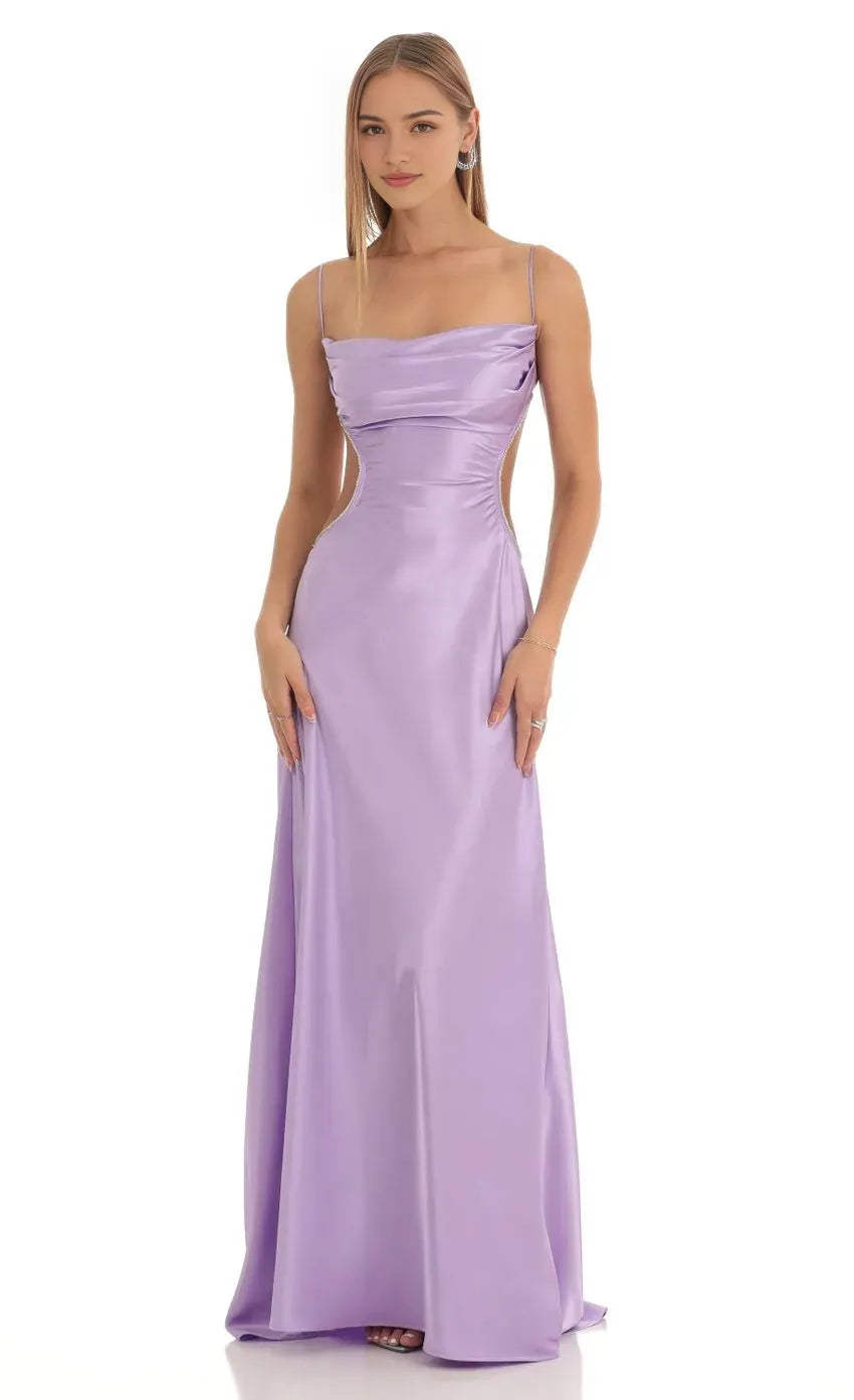 Lavender Satin Prom Dresses with Spaghetti Straps Cowl Neckline and Side Cutouts Elegant Floor Length Evening Dress for Formal