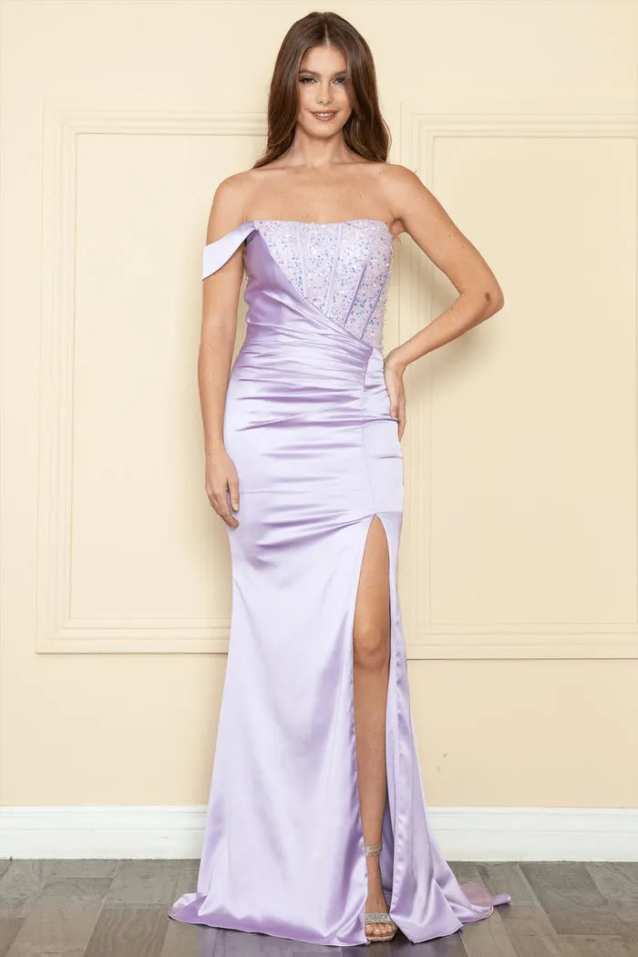 Lavender Satin Strapless Evening Dress with Asymmetric Beaded Bodice and High Side Slit for Formal Occasions ?