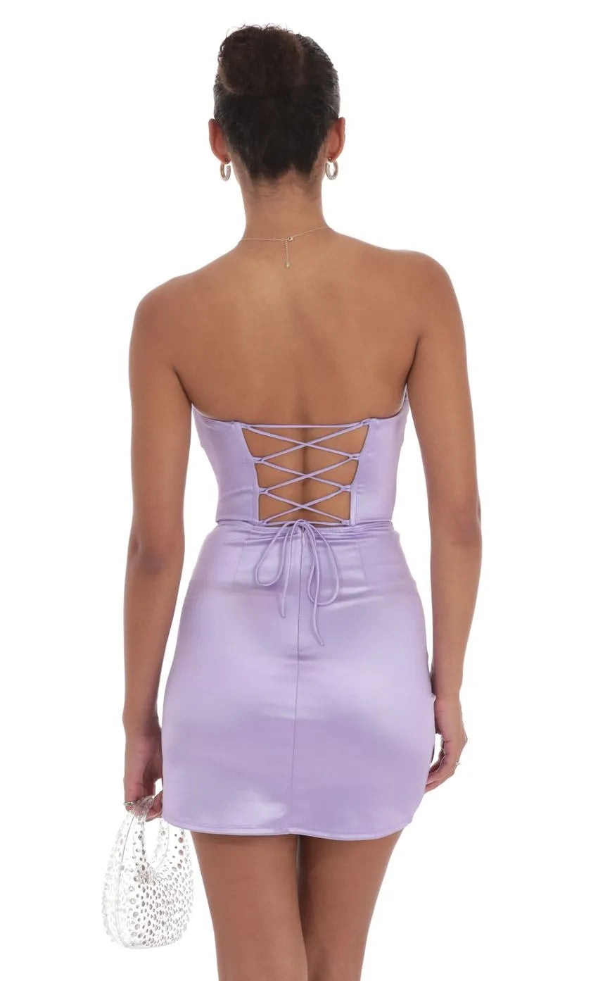 Lavender Satin Strapless Homecoming Dress Ruched Sweetheart Neckline Side Slit for a Chic School Dance Look