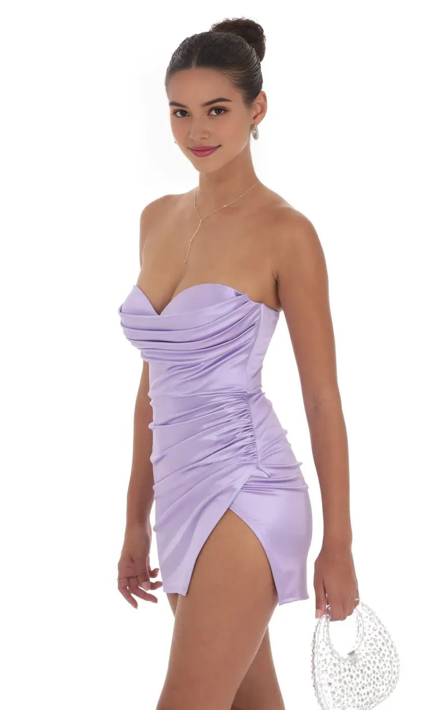 Lavender Satin Strapless Homecoming Dress Ruched Sweetheart Neckline Side Slit for a Chic School Dance Look