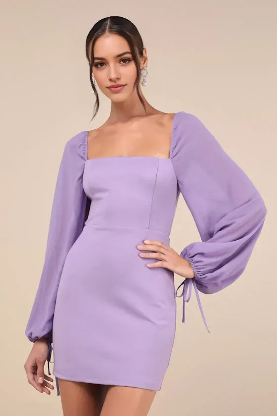 Lavender Square Neck Homecoming Dress Sheer Balloon SleevesTie Cuffs  A Retro - Chic Choice for Your School’s Big Night