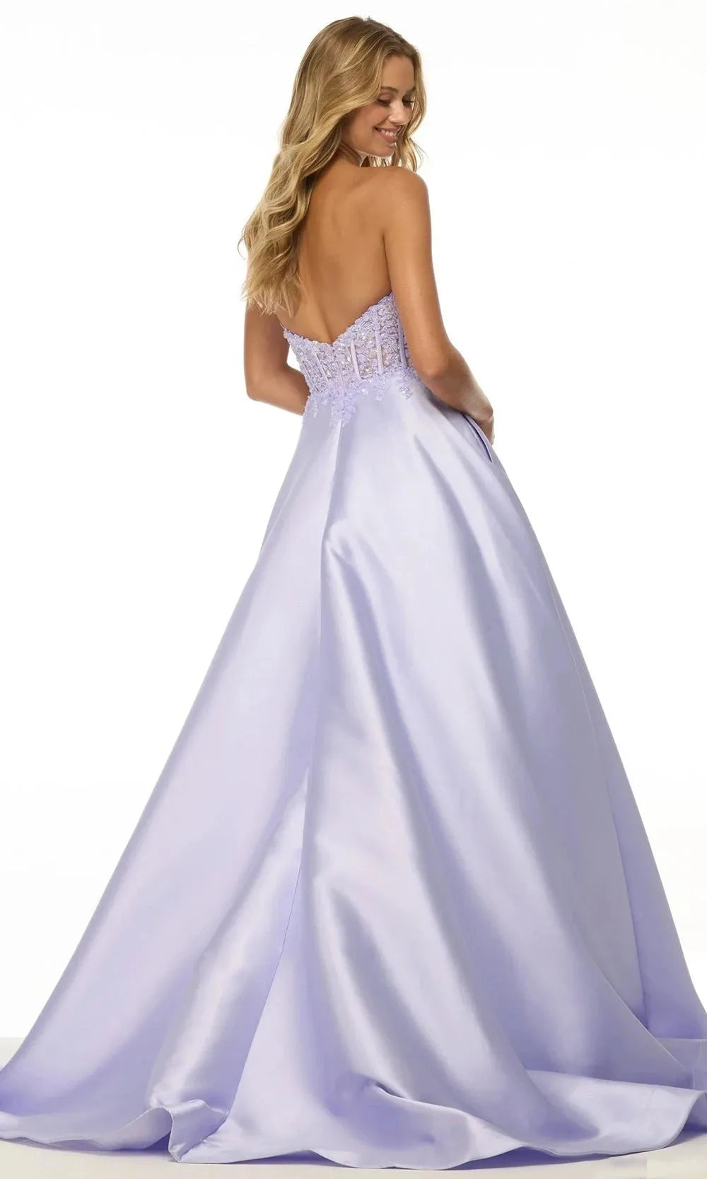 Lavender Strapless Ball Gown with Embroidered Bodice and Voluminous Satin Skirt for Prom  Formal Galas